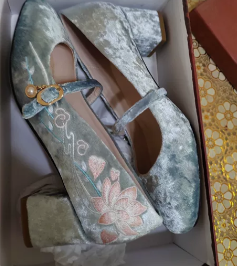 闺蜜送的，天赐绣的古风玛丽珍鞋，100多买...