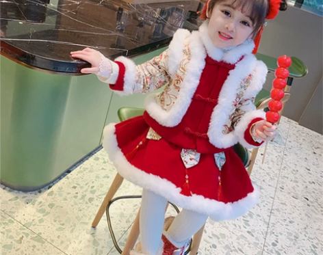 女童汉服冬装中国风唐装拜年服女宝宝加绒加厚...
