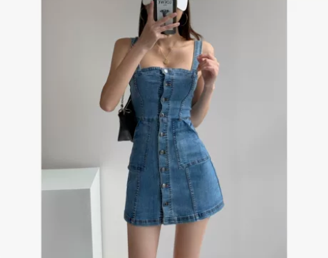 欧美风ins复古牛仔连衣裙女夏显瘦背带裙性...