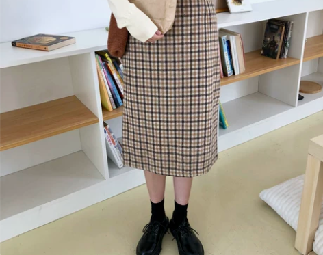 YUKI小树家 百搭小格子呢子毛呢半身裙中...