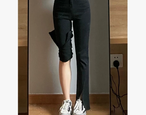 开叉牛仔裤女高腰微喇叭裤早春季直筒小个子高...