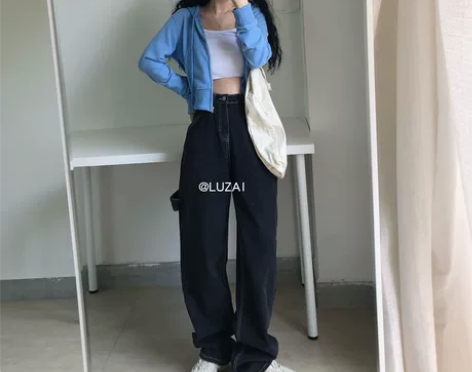 LUZAI 秋冬新~个性拖地款牛仔裤高腰黑...
