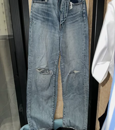 MOUSSY 蓝色阔腿宽松破洞牛仔裤长裤女...