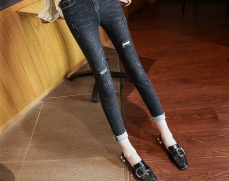 黑色破洞牛仔裤女春秋2019新款韩版显瘦翻...
