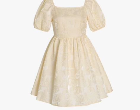 法式方领蓬蓬裙连衣裙女夏小个子提花露背泡泡...