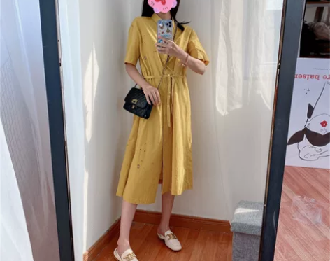 小猫咪  镂空拼接腰带连衣裙纯色文艺风中长...