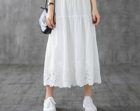 DZA文艺水溶蕾丝刺绣棉麻半身裙子女裙夏季...