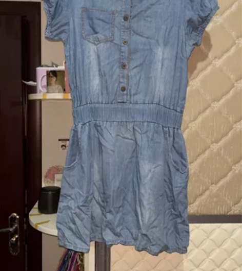 外贸夏季短袖单排扣多口袋套头牛仔连衣裙松紧...