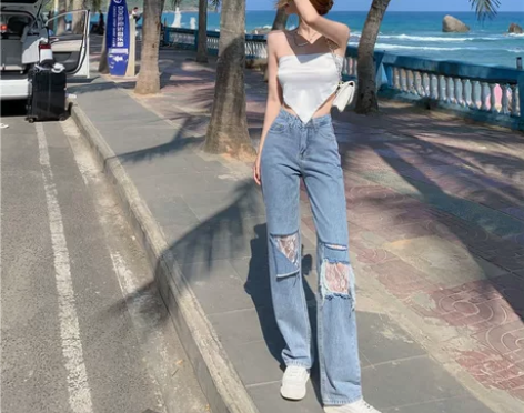 破洞牛仔裤女高腰显瘦阔腿长裤2021夏季新...