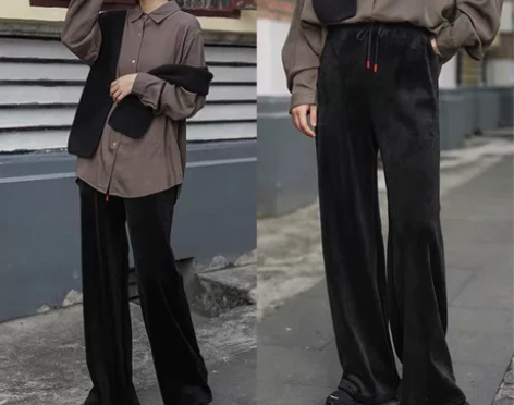 复古/加厚/加绒/秋冬/高腰直筒/丝绒/休...