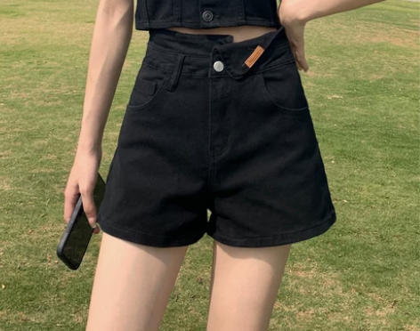 黑色不规则高腰牛仔短裤女夏季薄款a字宽松显...