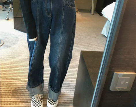 OPENING自制 梨形身材牛仔裤女高腰直...