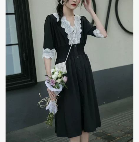 法式收腰显瘦连衣裙蕾丝领袖口，江浙沪包邮 ...