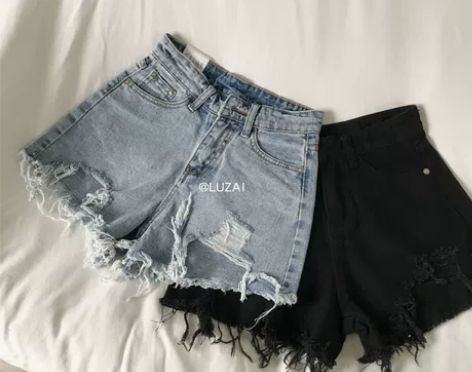 @Luzai夏日美式小性感高腰磨破烂毛边牛...