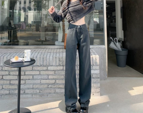 温姗韩版水洗太空灰直筒高腰牛仔裤女秋冬百搭...