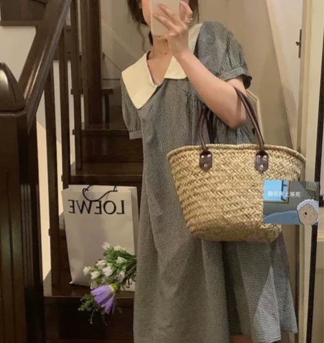 复古巡游 ins法式复古气质休闲尖领格子宽...