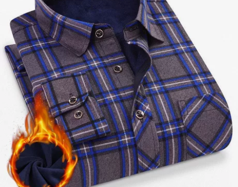 大码男士弹力保暖衬衫中青年宽松加绒加厚长袖...