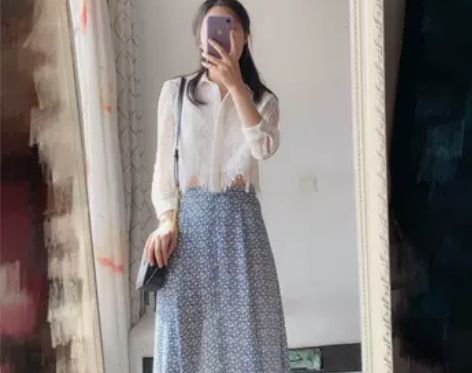 MS 蓝色 绿色 碎花 单排扣 高腰 复古...