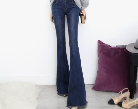 冬季厚款毛边时尚大喇叭裤牛仔裤女修身显瘦提...