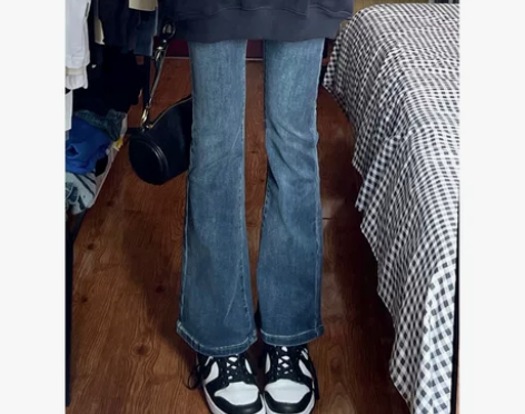 微喇叭加绒牛仔裤女2021秋冬新款高腰直筒...