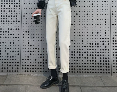 米白色牛仔裤女直筒宽松高腰显瘦米色老爹20...