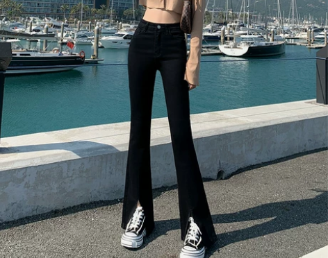 ?黑色开叉微喇牛仔裤女夏季薄款2022年新...