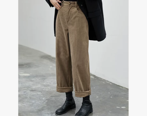 CV大码女装 复古宽松阔腿直筒灯芯绒裤 保...