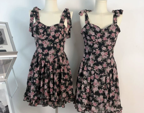 人间富贵花/夏装女新款碎花蝴蝶结吊带连衣裙...