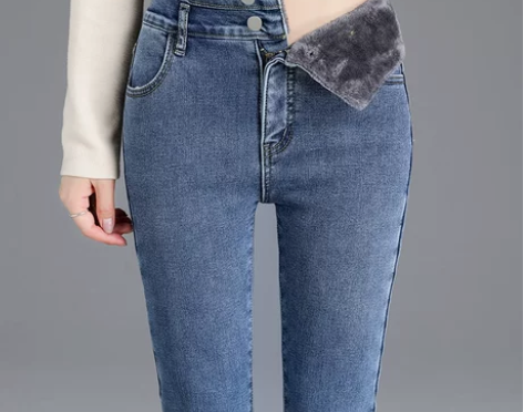 加绒裤子女2020冬季新款超高腰加厚牛仔裤...