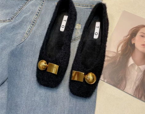 法式棉瓢鞋女2022秋冬新款浅口方头平底平...