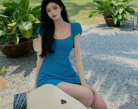 蓝色连衣裙女轻熟风御姐修身收腰包臀裙短裙夏...