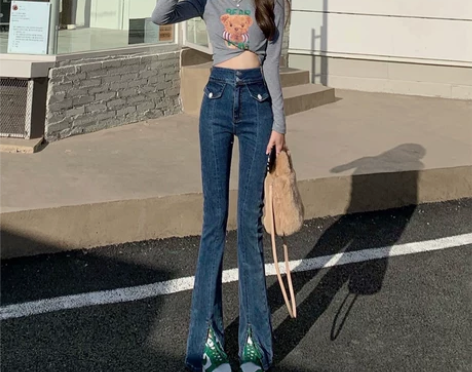 加绒超高腰弹力垂坠感拖地裤微喇开叉牛仔裤女...