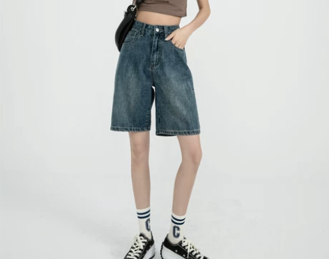 ?牛仔短裤女五分高腰宽松设计感小众潮ins...