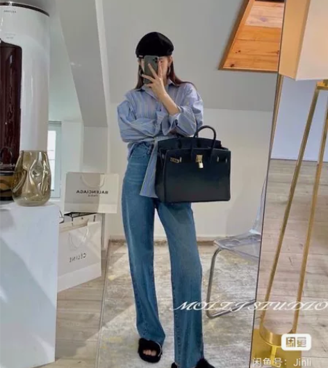 直筒高腰阔腿拖地蓝色牛仔裤，颜色款式经典百...