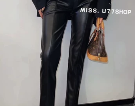 韩版高腰侧拉链细皮纹PU黑色小裤脚九分皮裤...