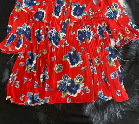 春夏新款小清新碎花印花短袖V领荷叶边褶皱系...