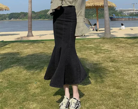 黑色高腰牛仔鱼尾裙半身裙女春秋a字裙荷叶中...