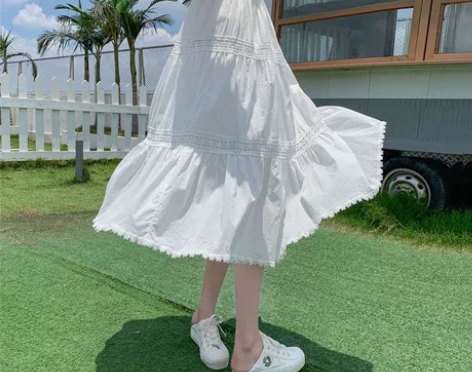 欧洲站夏季新款a字蛋糕裙松紧腰拼接镂空蕾丝...