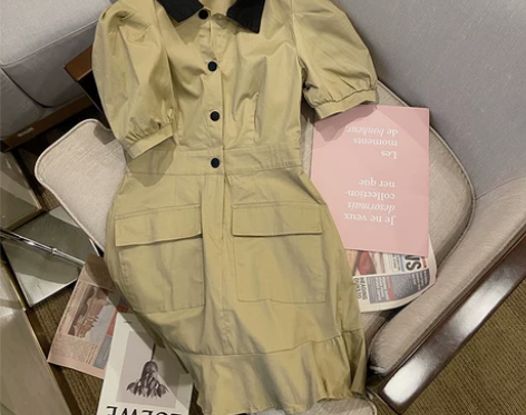 泡泡袖翻领连衣裙女工装风2021新款气质显...