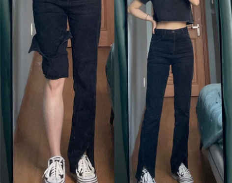 大码开叉牛仔裤女秋季新款胖妹妹mm高腰显瘦...