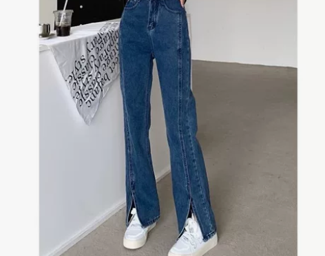 复古高街开叉牛仔裤女春秋2022年新款高腰...