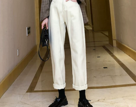 米白色直筒牛仔裤女秋冬2019新款加绒高腰...