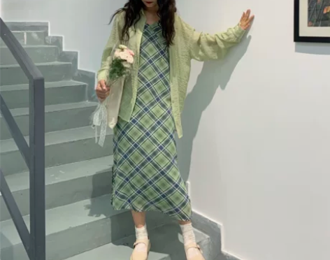 发现自制◆绿色雪纺格子吊带连衣裙女夏季日系...