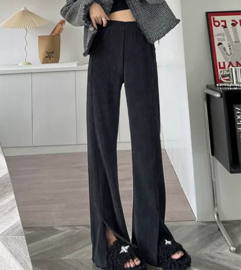店铺样衣！雪尼尔灯芯绒侧开叉阔腿裤女202...