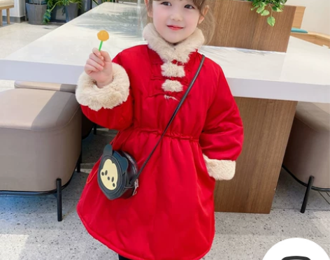汉服女童秋冬红色拜年服中国风洋气加棉唐装儿...