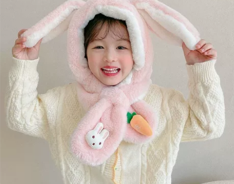 儿童帽子小兔子萝卜儿童一体帽秋冬款长耳朵小...