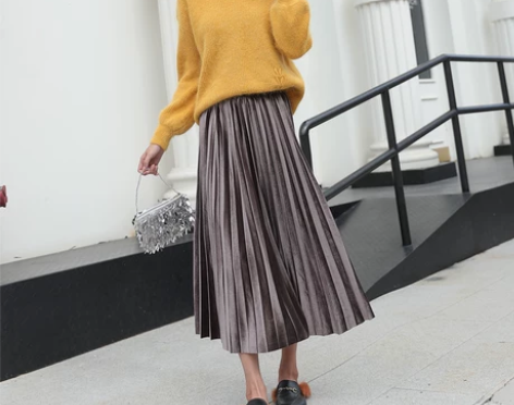 ?2018秋冬新款时尚金丝绒高腰百褶裙半身...