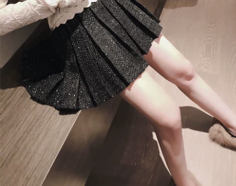 小香黑色百褶裙短裙女秋冬款百搭外穿亮闪闪风...