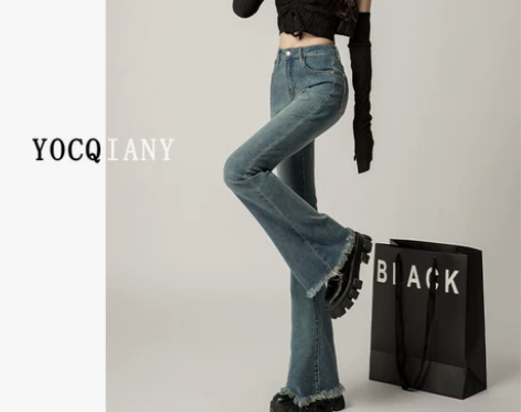高腰牛仔裤 黑色牛仔裤高腰毛边喇叭女微喇秋...