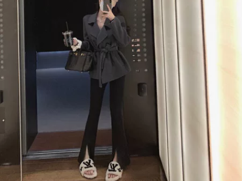 高腰显瘦黑色开衩微喇百搭休闲裤 m码 穿三...